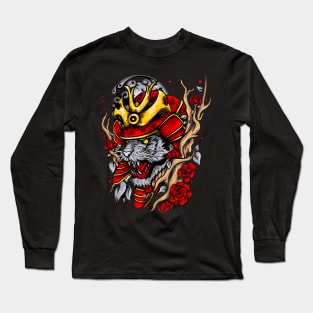 colorful tiger head in samurai helmet surrounded Long Sleeve T-Shirt